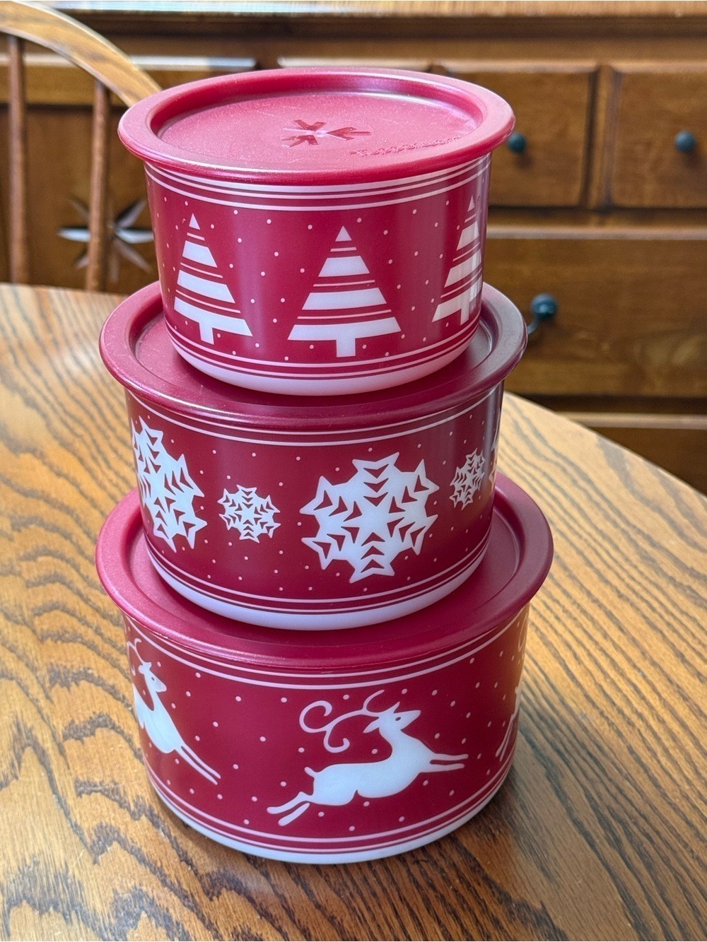 Tupperware Christmas Holiday Red Stackable Storage Canister Set of 3 Vintage
